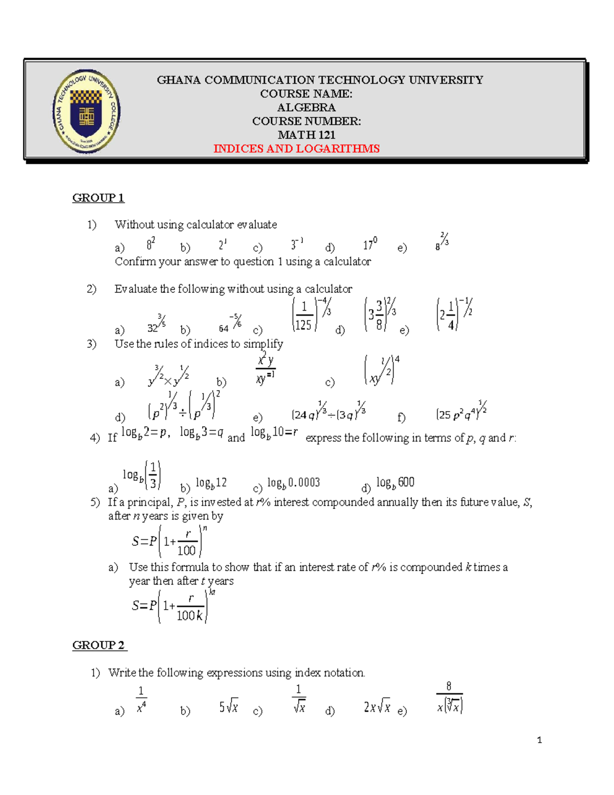 Quiz MATH 121: Indices and Logarithms Study Guide - Studocu