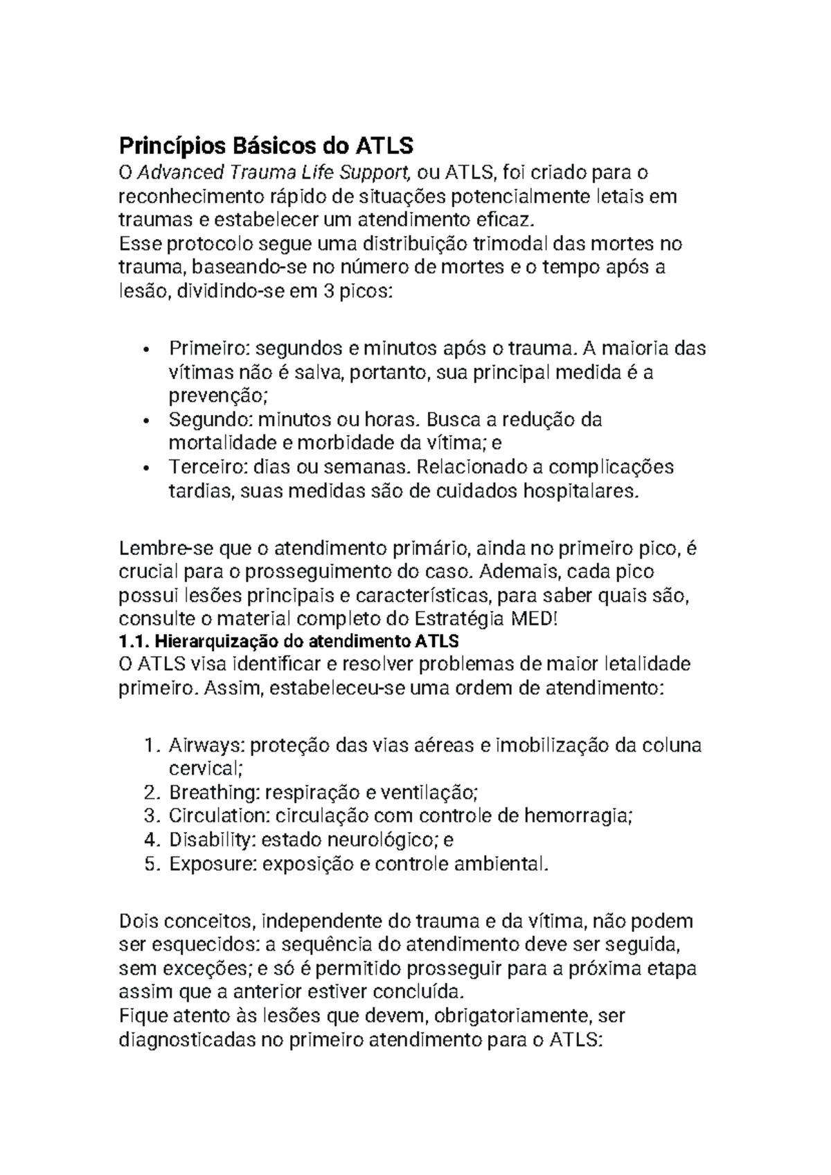 Princípios Básicos do ATLS: Protocólos de Atendimento em Trauma - Studocu