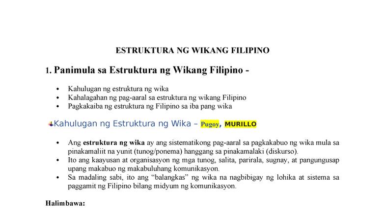 ESTRUKTURA NG WIKANG FILIPINO: Mga Handouts at Pagsusuri - Studocu