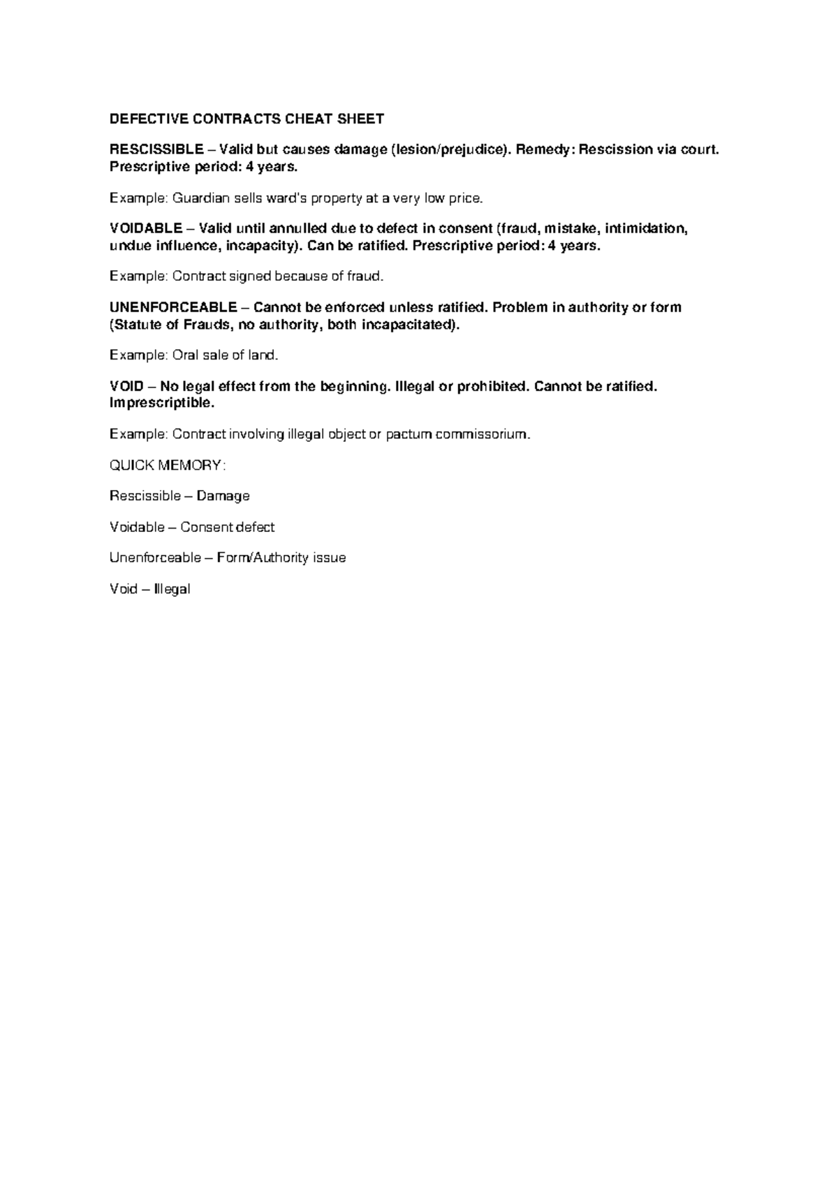 Defective Contracts Cheat Sheet: Key Concepts & Examples - Studocu