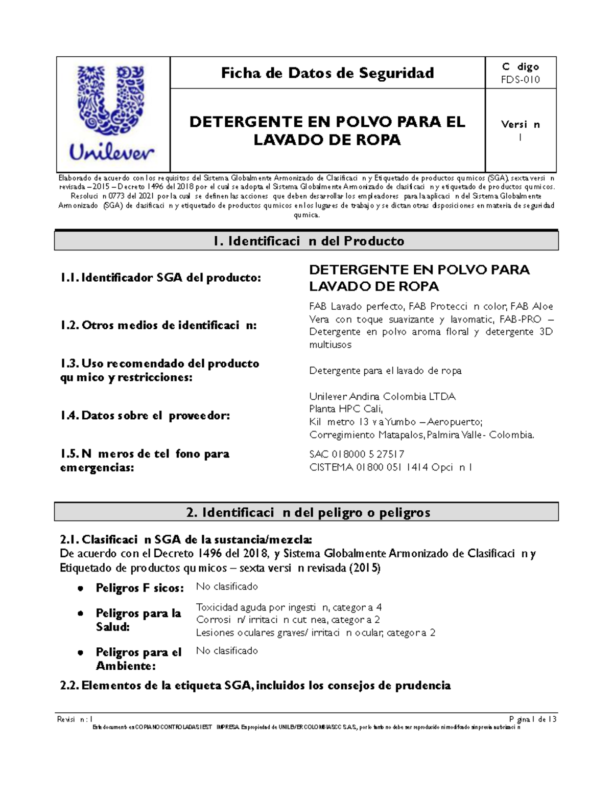 Ficha de Datos de Seguridad (FDS) - Detergente en Polvo para Lavado de Ropa - Document Preview