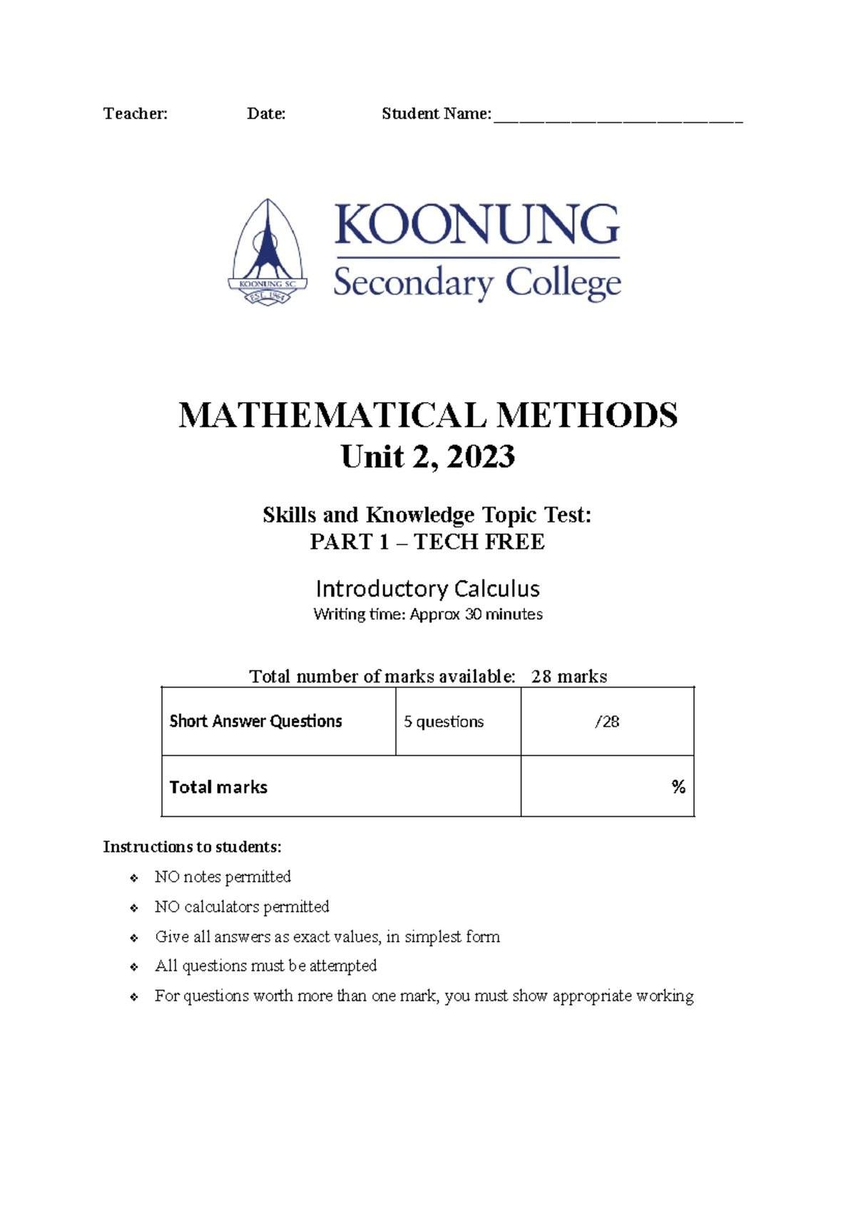 2023 - 11MME - Unit 2 Introductory Calculus Topic Test Part 1 - Studocu