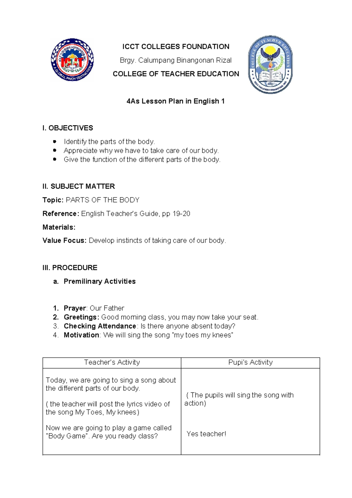 4As Lesson plan - Basta eto nayun - ICCT COLLEGES FOUNDATION Brgy ...