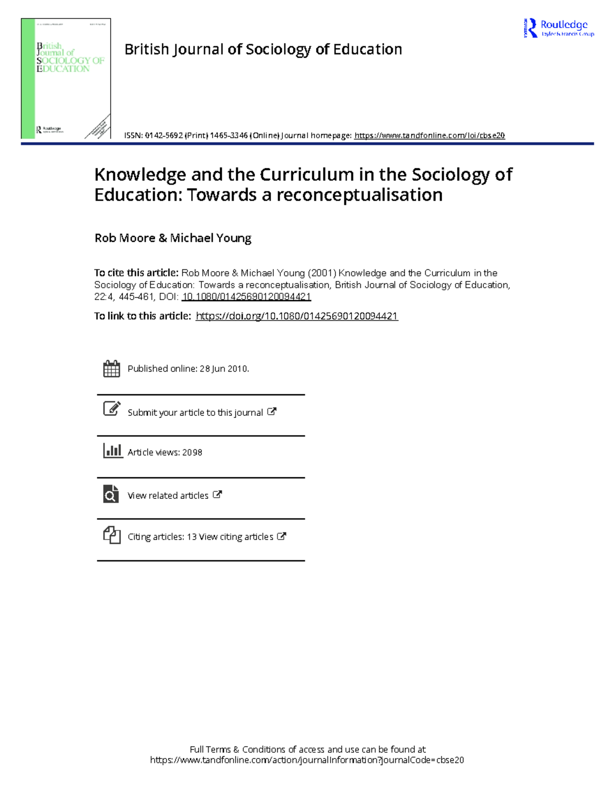 Knowledge and Curriculum in Sociology of Education: A New Perspective ...