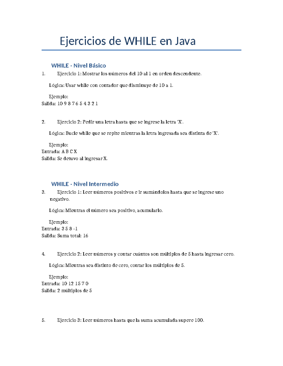 Ejercicios de WHILE en Java: Nivel Básico a Ultra Pro - Studocu