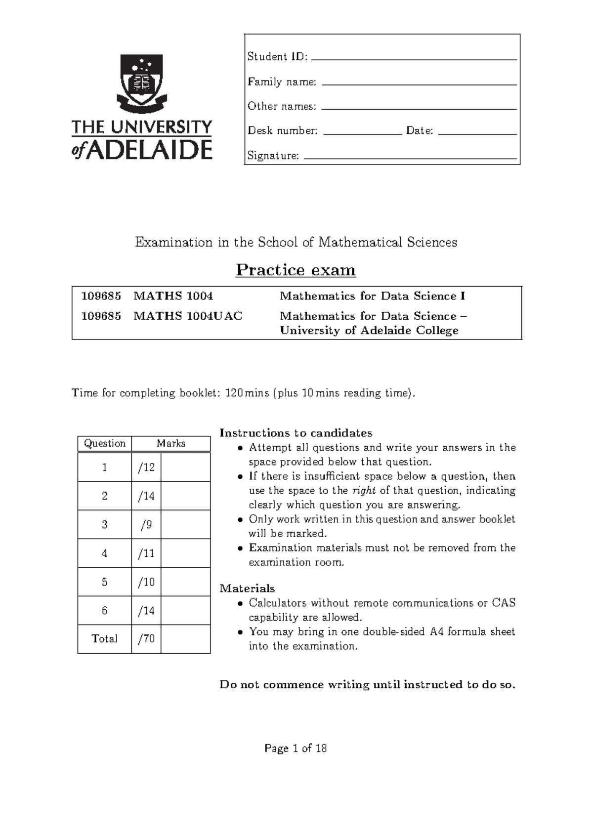 Practice Exam 2019: MATHS 1004 Math for Data Science I Questions - Studocu