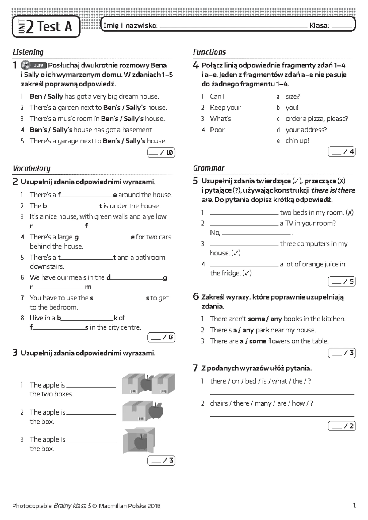 Brainy kl5 Unit Test 1 A - Sprawdzian dla klasy 5 - UNIT 1 Test A Imię