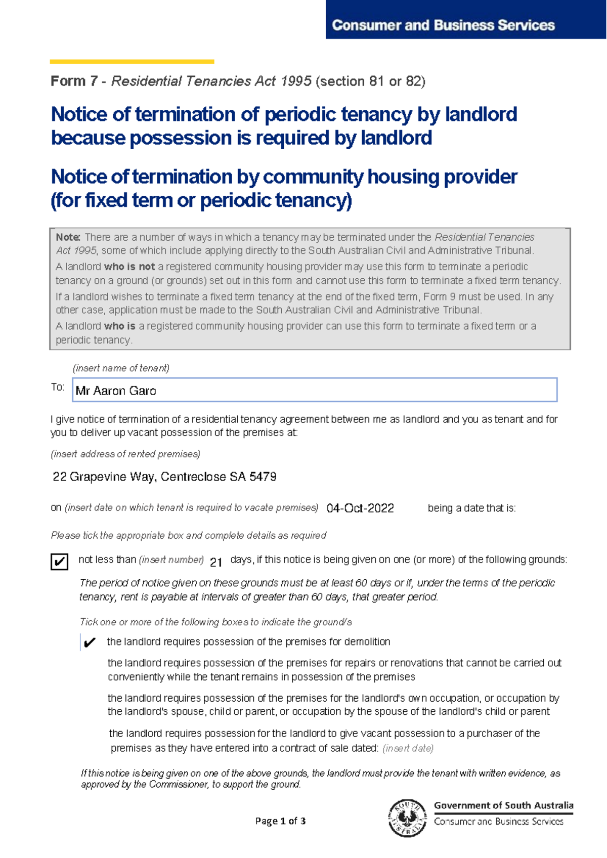 Form 7 Notice of Termination of Periodic Tenancy - Residential ...