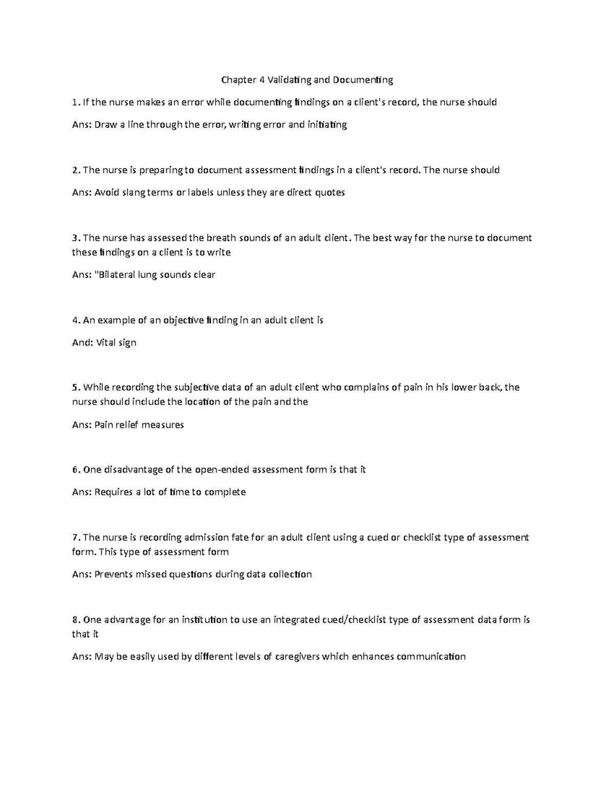 Chapter 4: Validating and Documenting Nursing Assessment Findings - Studocu