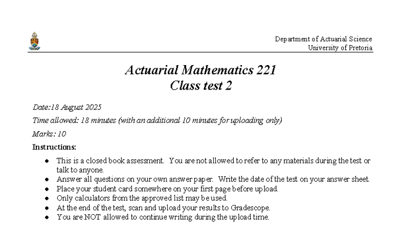 IAS 221 Actuarial Mathematics Class Test 2 Instructions & Questions ...