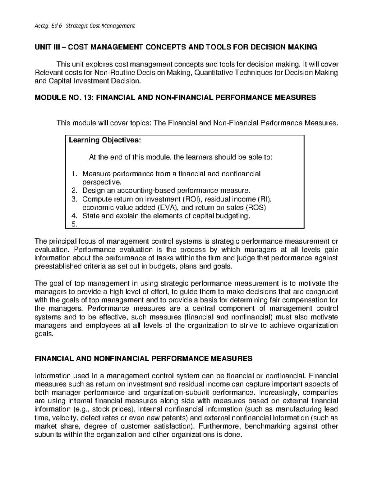 MODULE NO. 13 - FINANCIAL & NON-FINANCIAL PERFORMANCE MEASURES - Document Preview