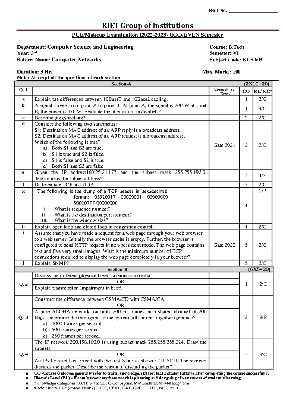PUE KCS603 Practice Paper for Computer Networks - 3rd Sem - Studocu
