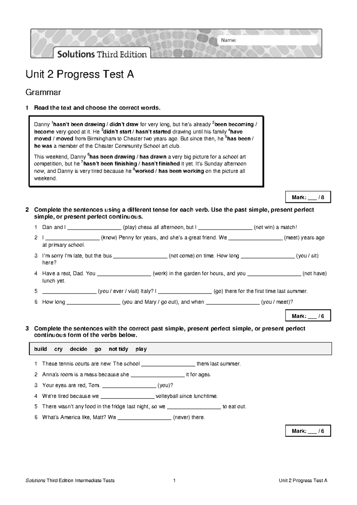 Unit 2 Progress Test A: Grammar and Vocabulary Solutions - Studocu
