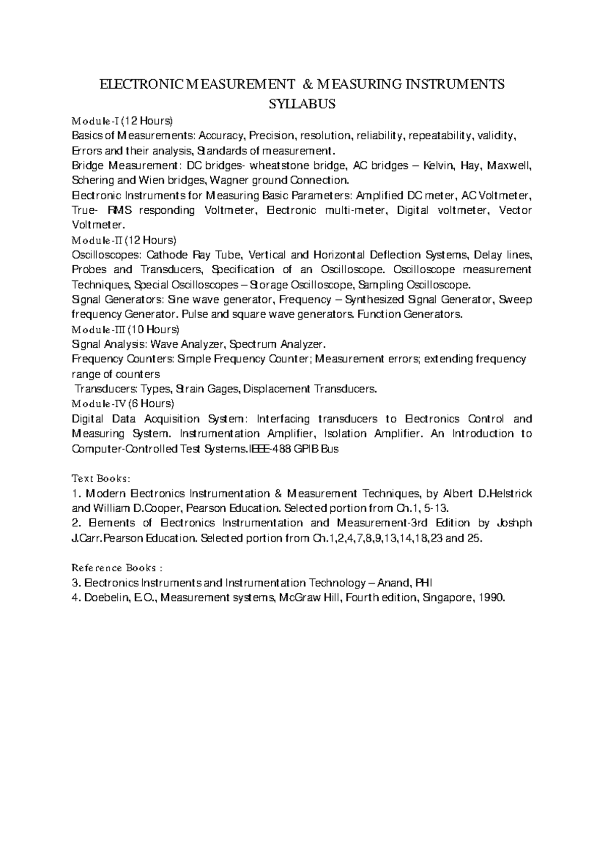 ELECTRONIC MEASUREMENT INSTRUMENTS SYLLABUS (EMI 101) Overview and Key ...