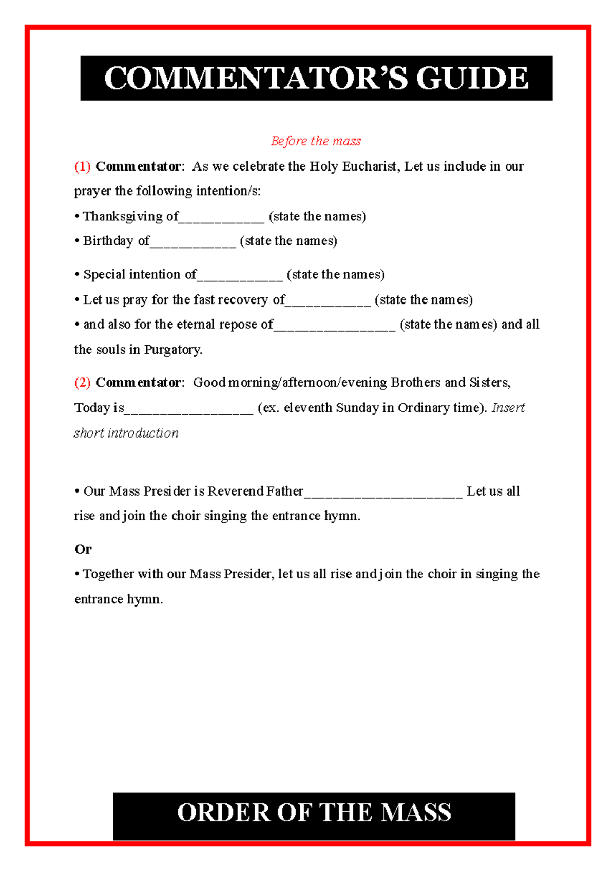 Commentators Guide for English Mass (Liturgy) - Studocu