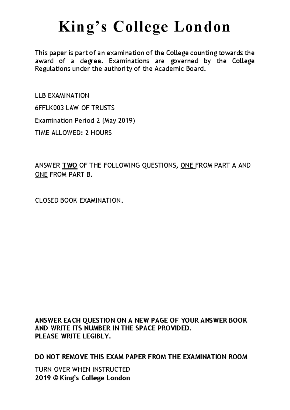LLB Exam 6FFLK003: Law of Trusts Questions - May 2019 - Studocu