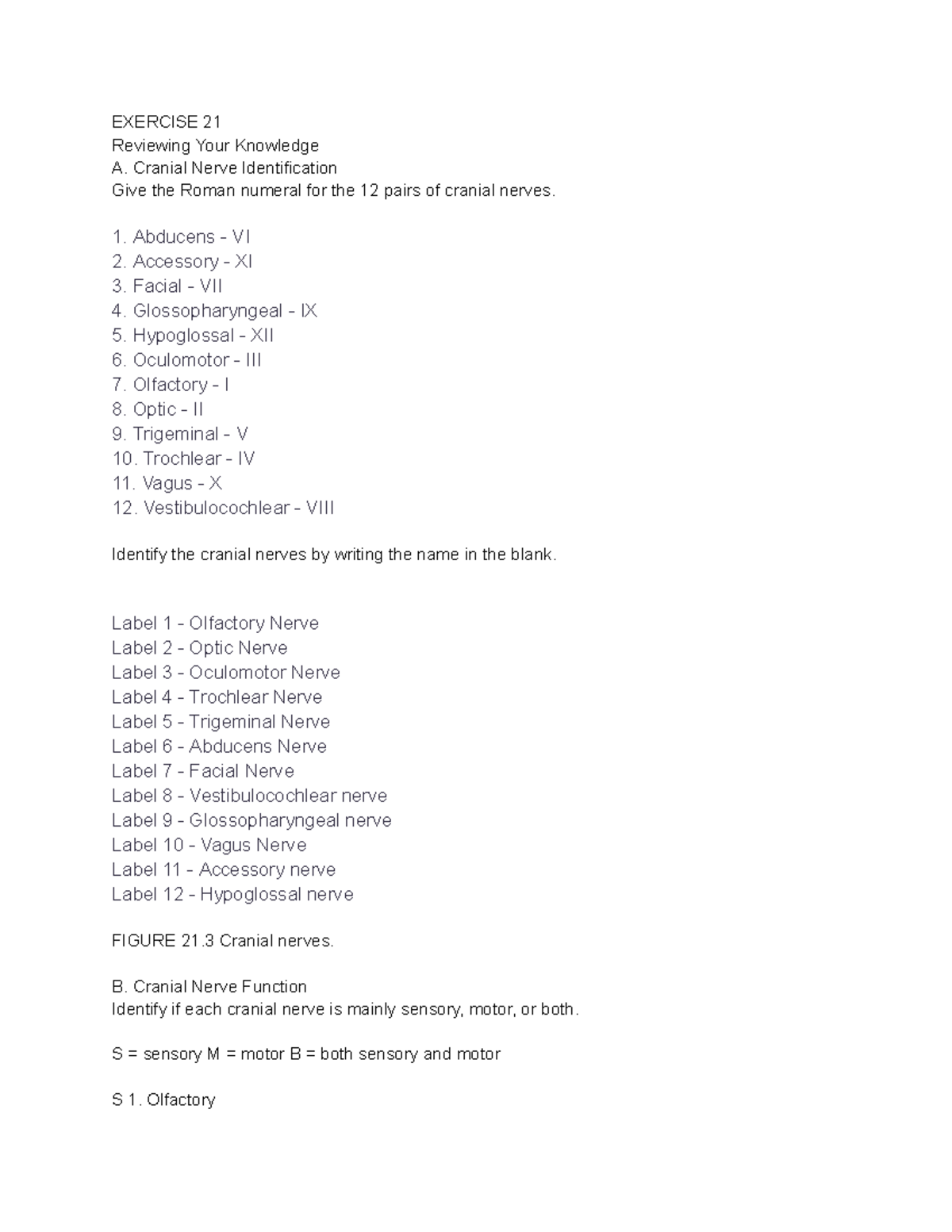 Cranial Nerve Review Exercise 21: Identification & Functions - Studocu