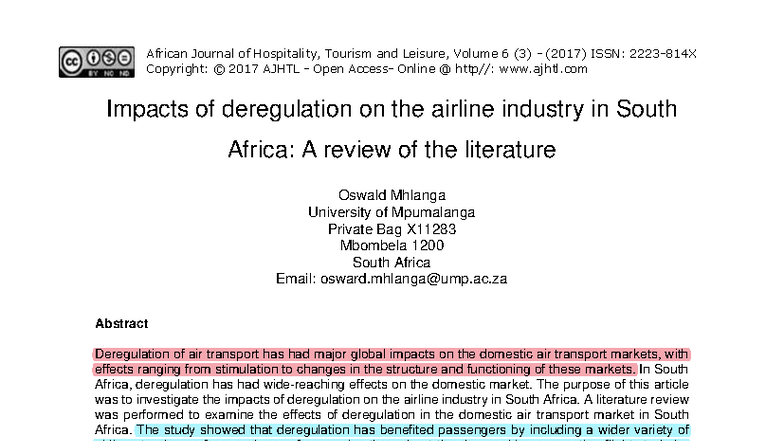 Impacts of Deregulation on South Africa's Airline Industry: A Review ...