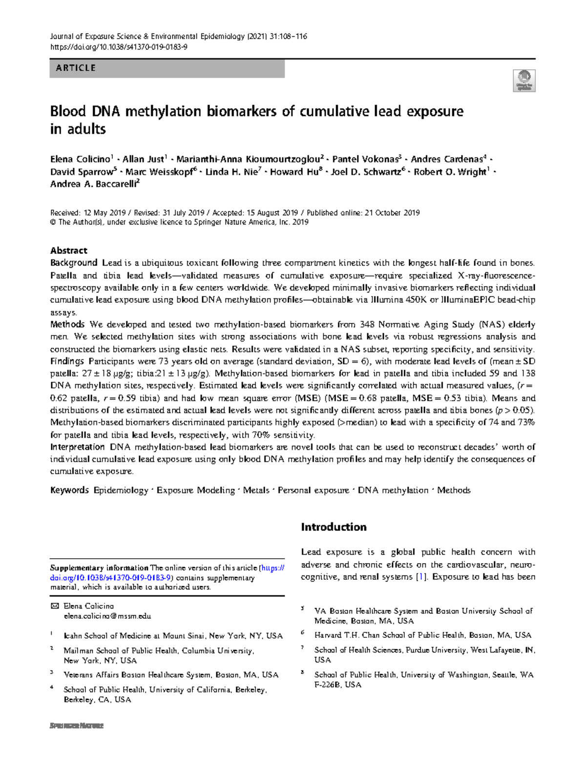 Blood DNA Methylation Biomarkers of Cumulative Lead Exposure in Adults ...