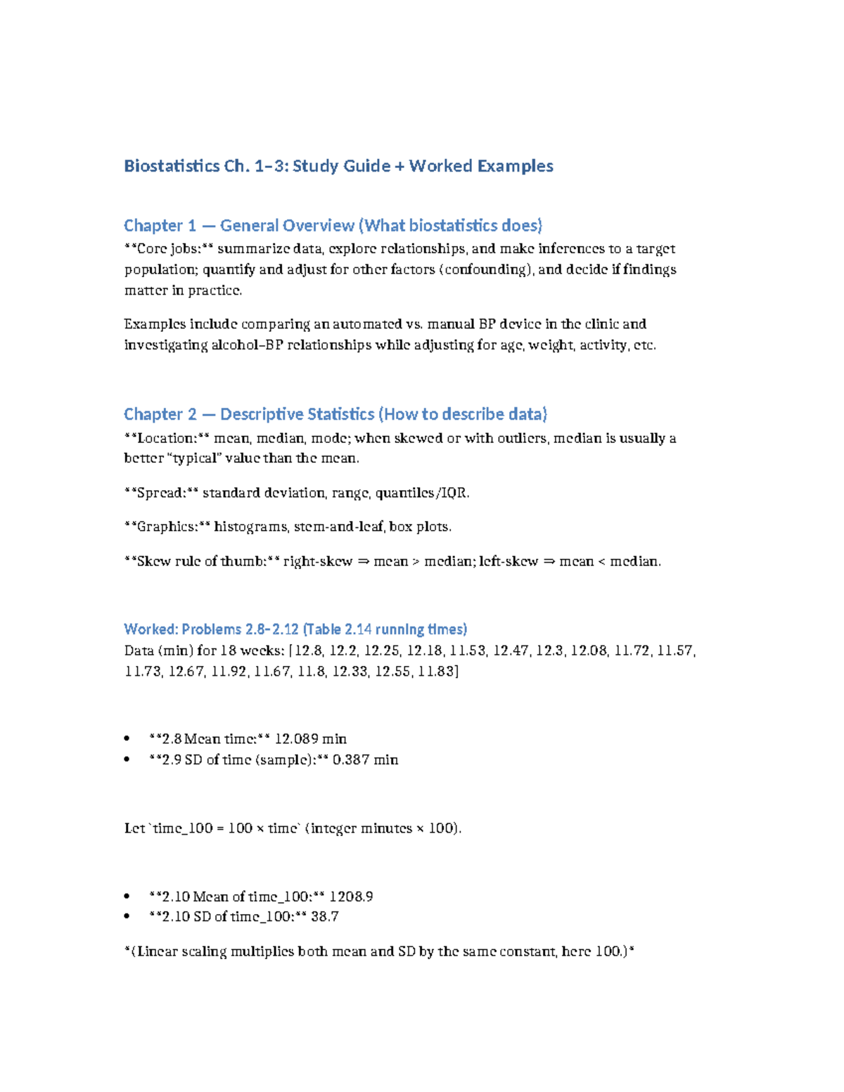 Biostatistics Study Guide: Worked Examples for Chapters 1-3 - Studocu