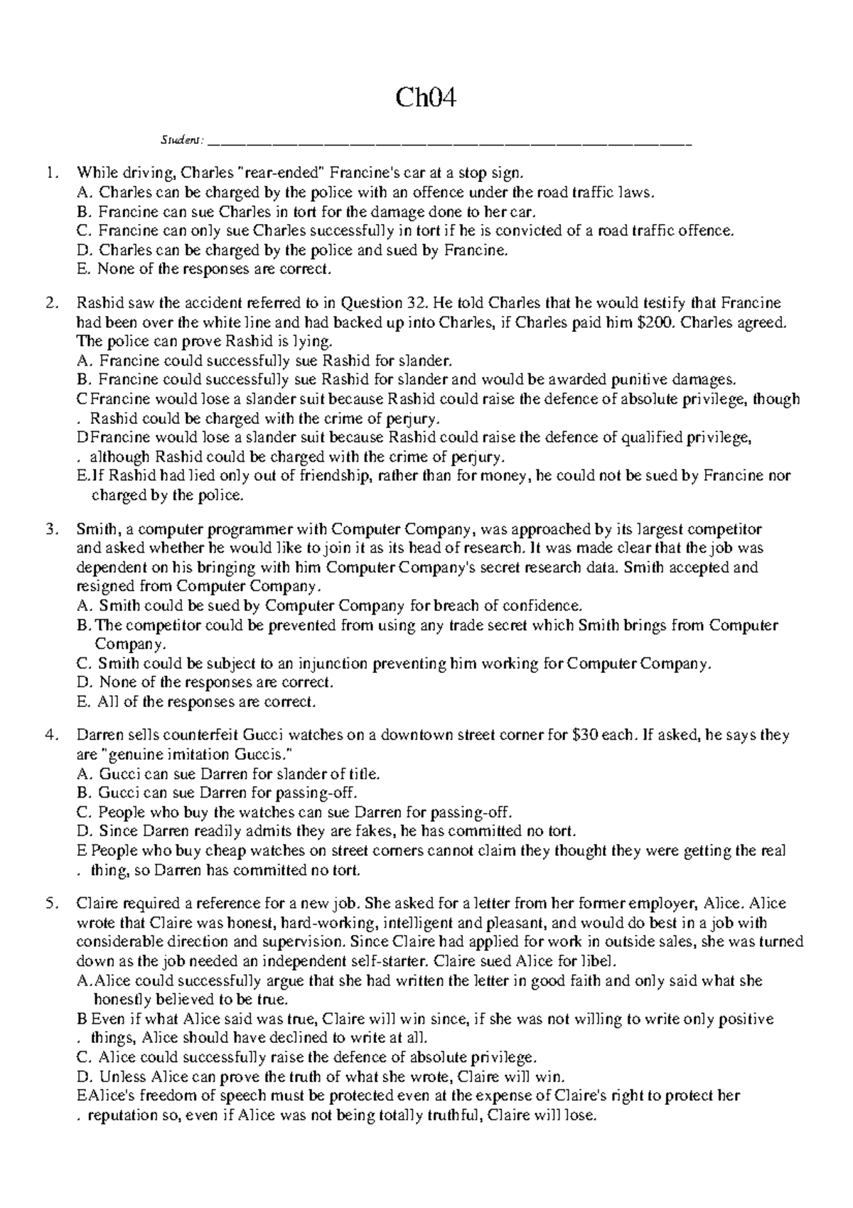 Practice Exam 2020: Tort Law Questions and Answers - Studocu