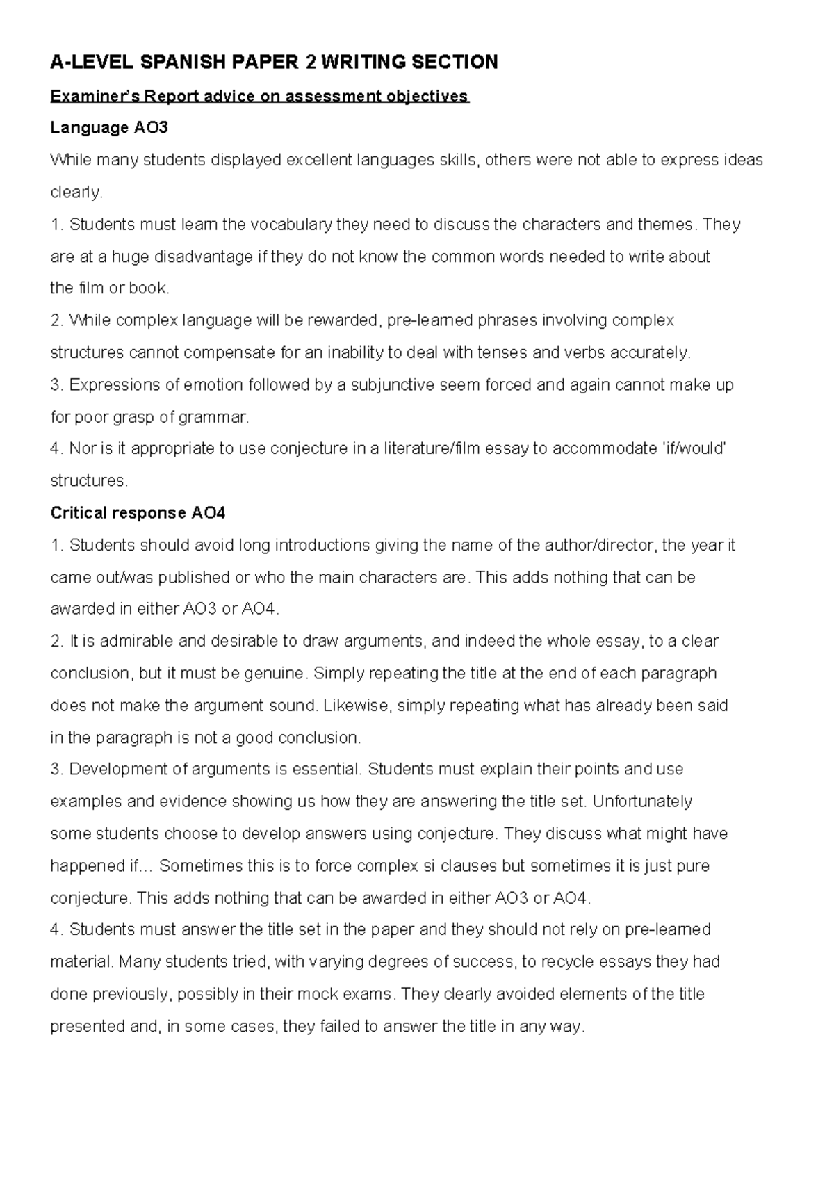 A Level SPANISH Paper 2: Essay Questions on Literature & Film - Studocu