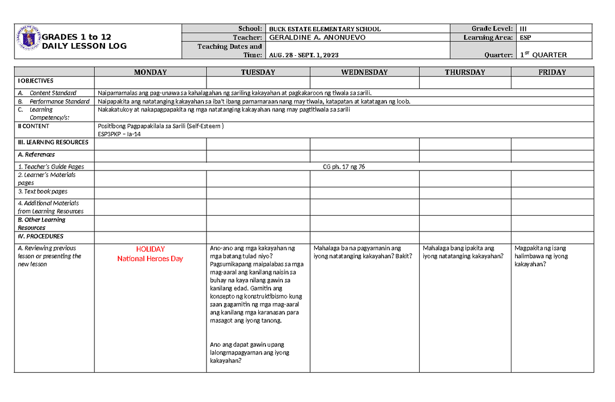 DLL ESP-3 Q1 W1 - Daily Lesson Log for Grade III Students - Studocu