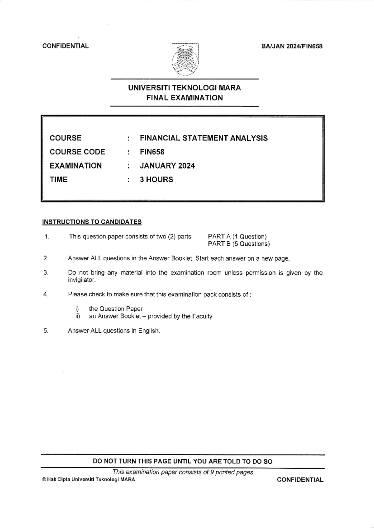 FINAL EXAM: FINANCIAL STATEMENT ANALYSIS (FIN658) - JAN 2024 - Studocu