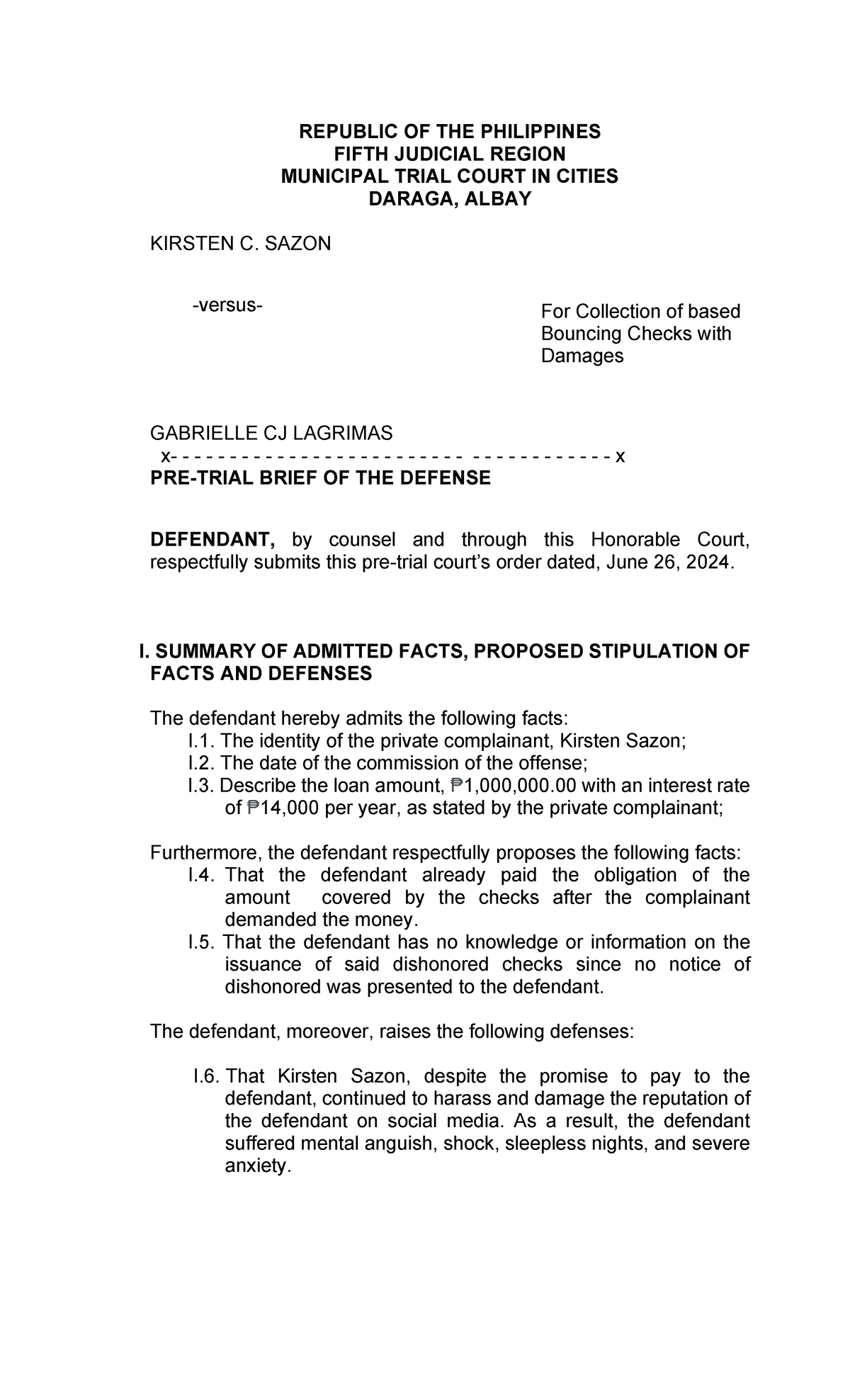 Pre-Trial Brief Format for Defense in Criminal Case (Philippines) - Studocu