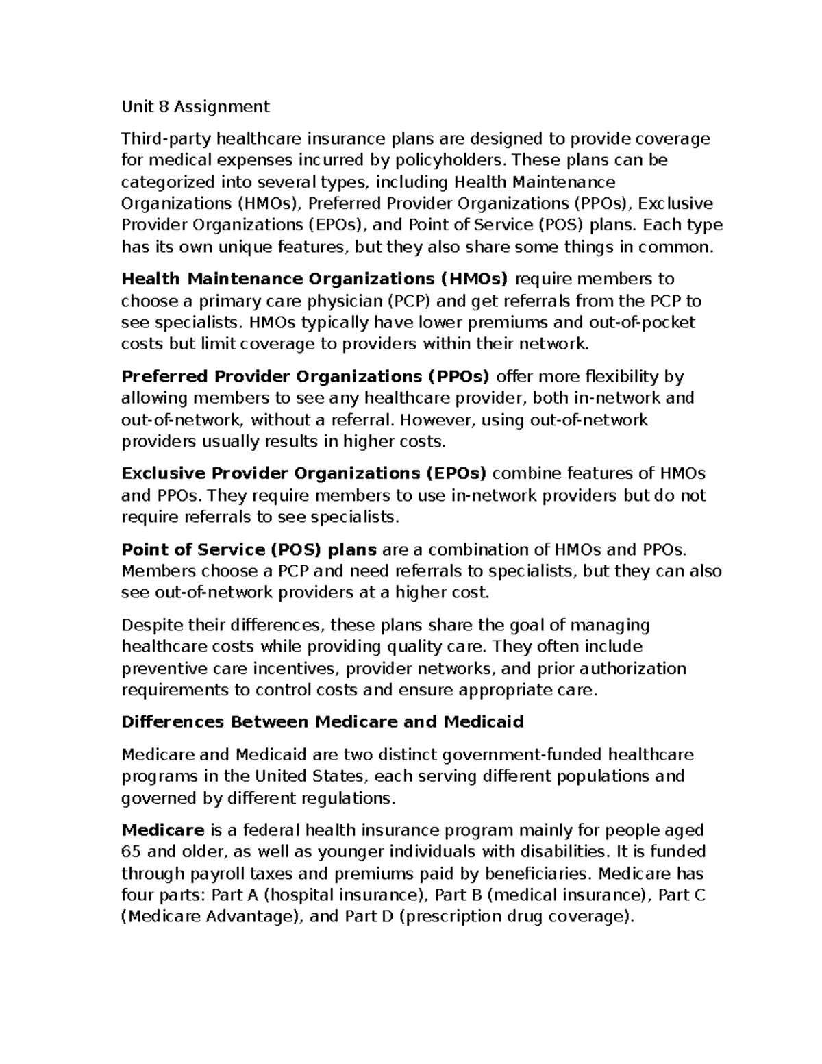 Unit 8 Assignment: Overview of Healthcare Insurance Plans - Studocu
