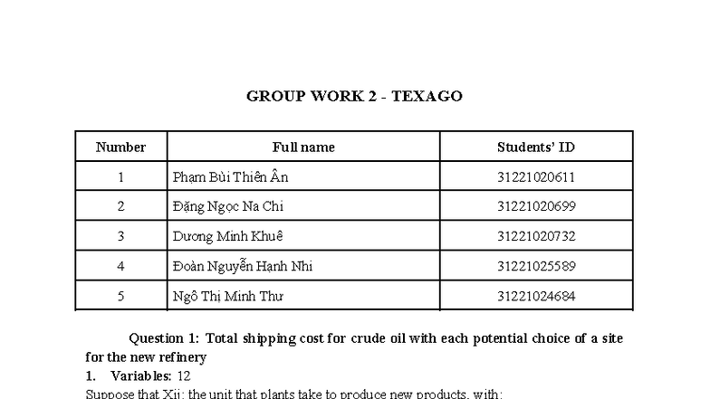 GROUP WORK 2: Shipping Cost Analysis for Texago Refinery - Studocu