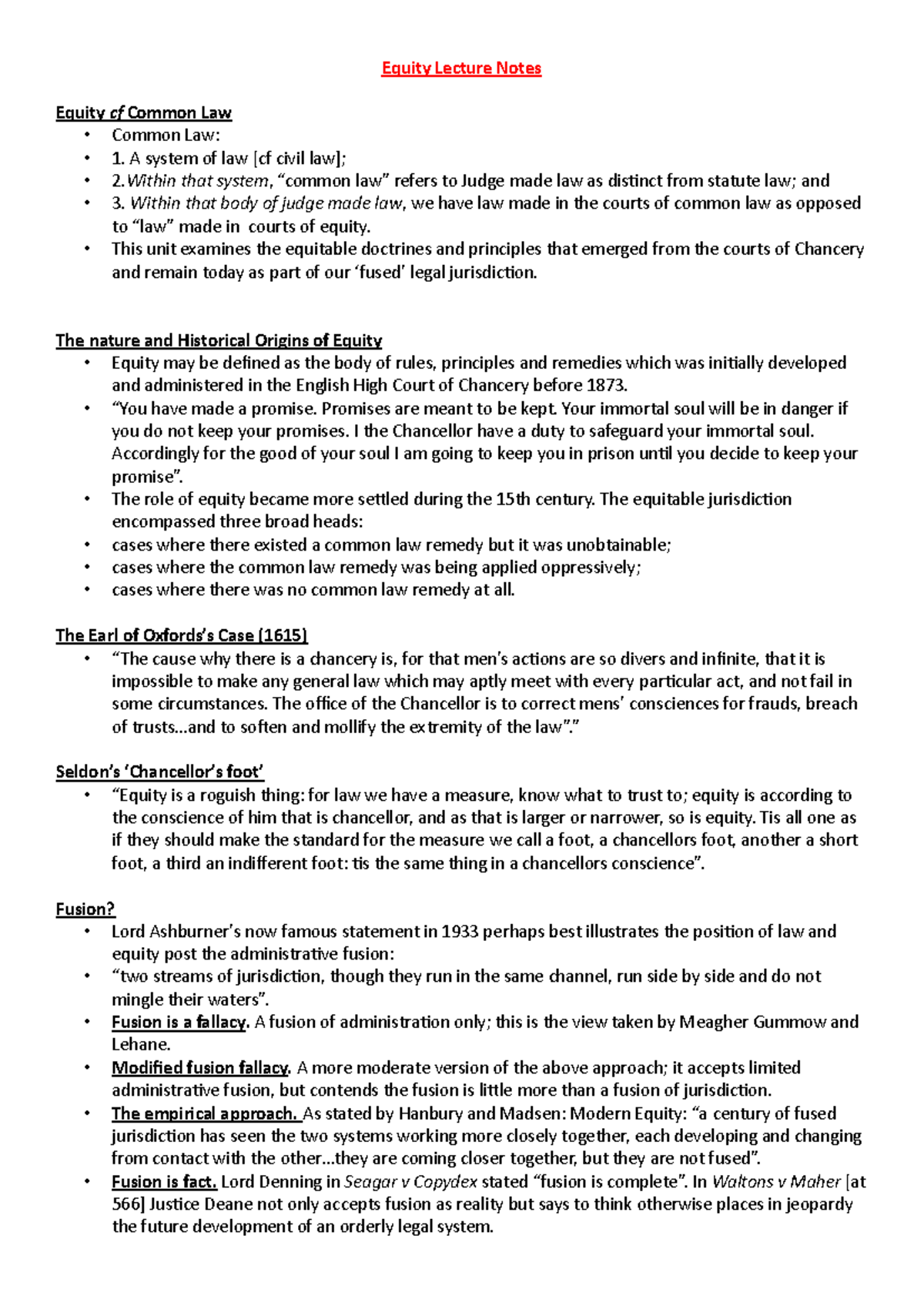 Equity Lecture Notes: Understanding Common Law and Equitable Principles ...