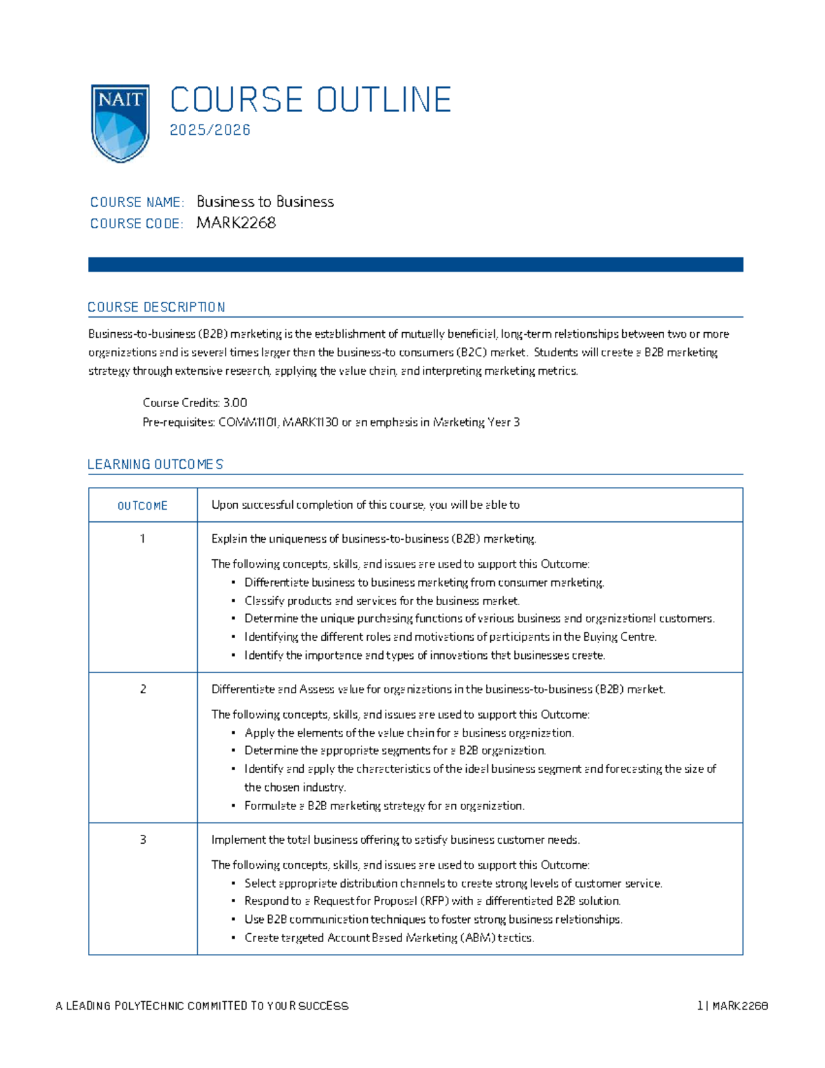 Course Outline: Business to Business Marketing (MARK2268) - 2025 - Studocu