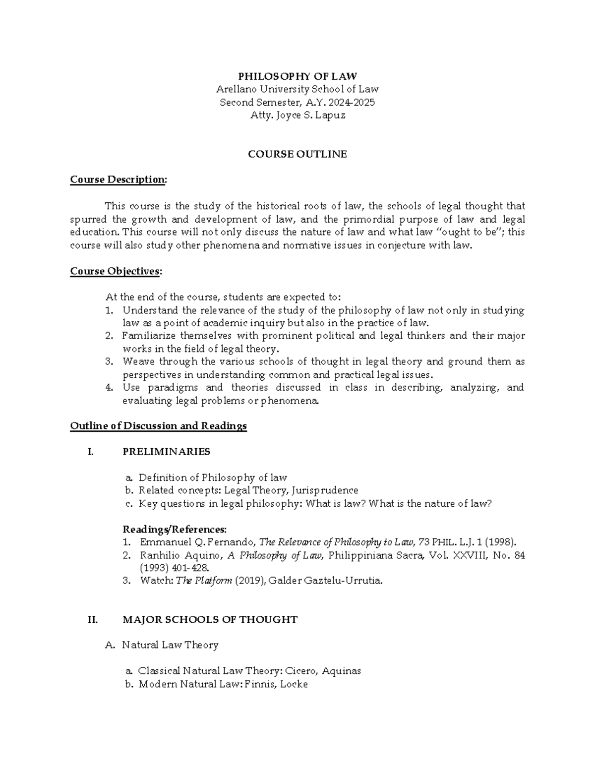 PHILAW: Philosophy of Law Course Outline and Grading System - Studocu