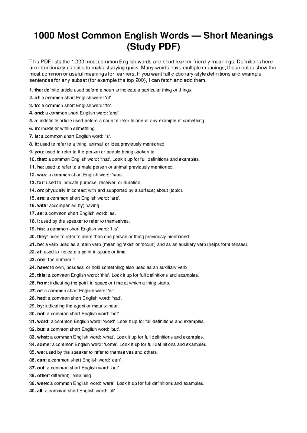 Common English Words and Their Short Meanings (Study PDF) - Studocu