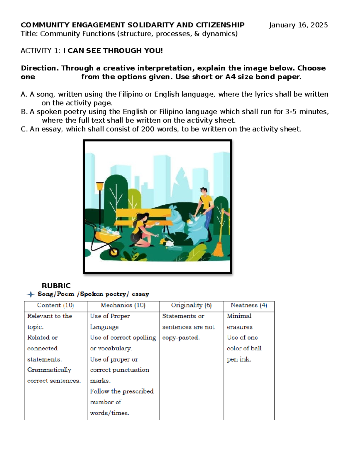Community Functions Activity: Creative Interpretations (Jan 2025) - Studocu