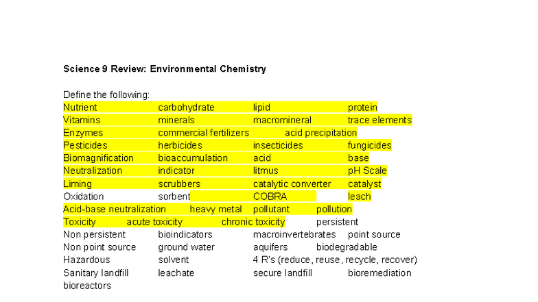Science 9 Final Exam Review: Environmental Chemistry Concepts - Studocu