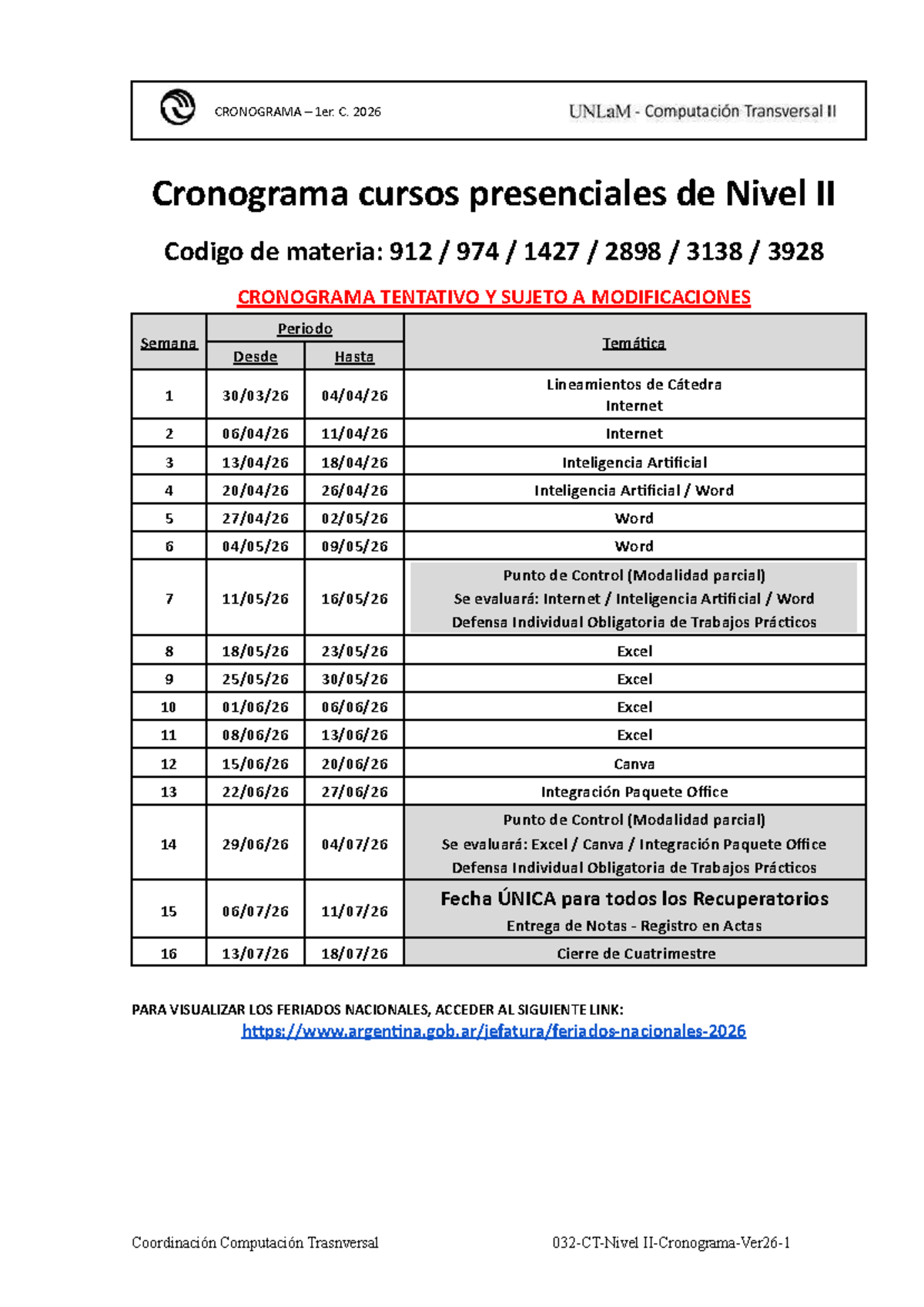 Cronograma - xgj - CRONOGRAMA – 1er. C. 2026 Cronograma cursos ...