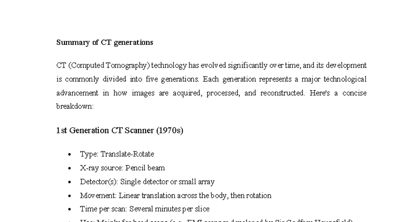 CT Generations Overview: Evolution of CT Technology - Studocu