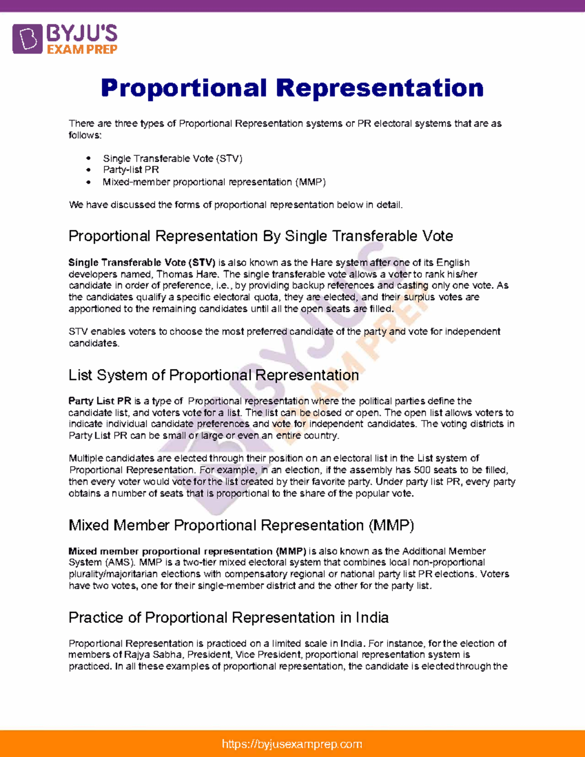 UPSC Notes: Proportional Representation Overview and Types - Studocu