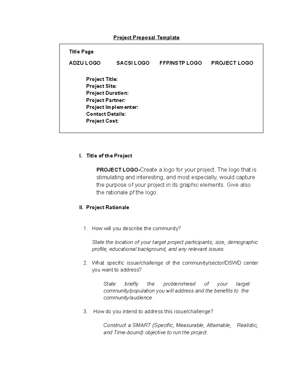 Project Proposal Template for ADZU SACSI FFP/NSTP Projects - Studocu
