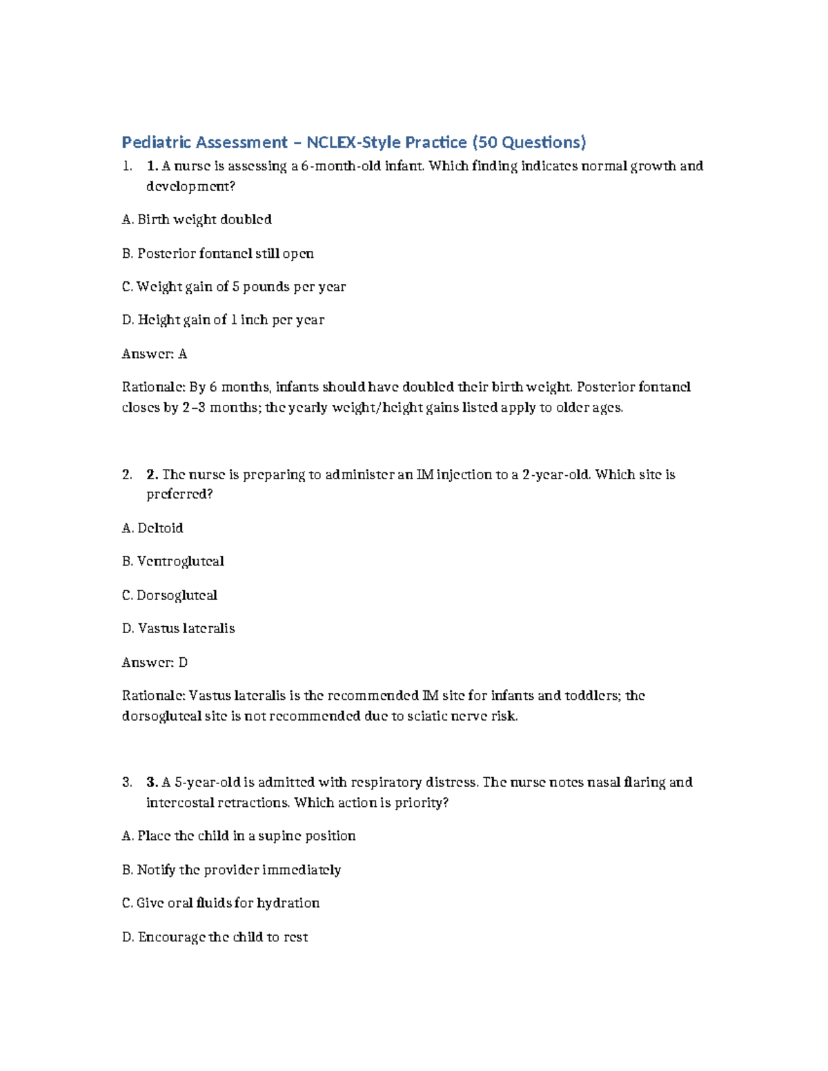 Pediatric Assessment 50 Questions - Final Exam Review - Studocu