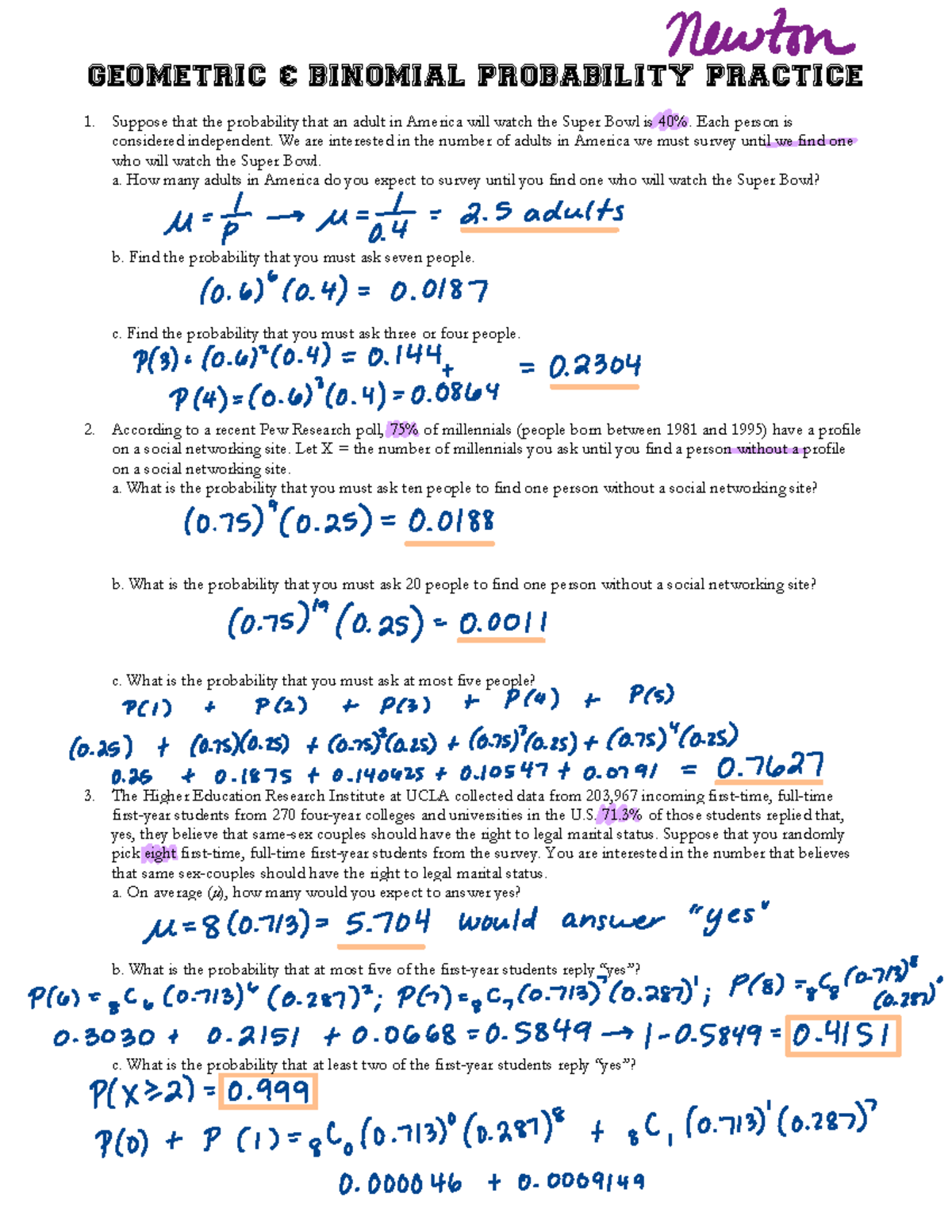 Newton GEOMETRIC BINOMIAL PROBABILITY PRACTICE Solutions - Studocu