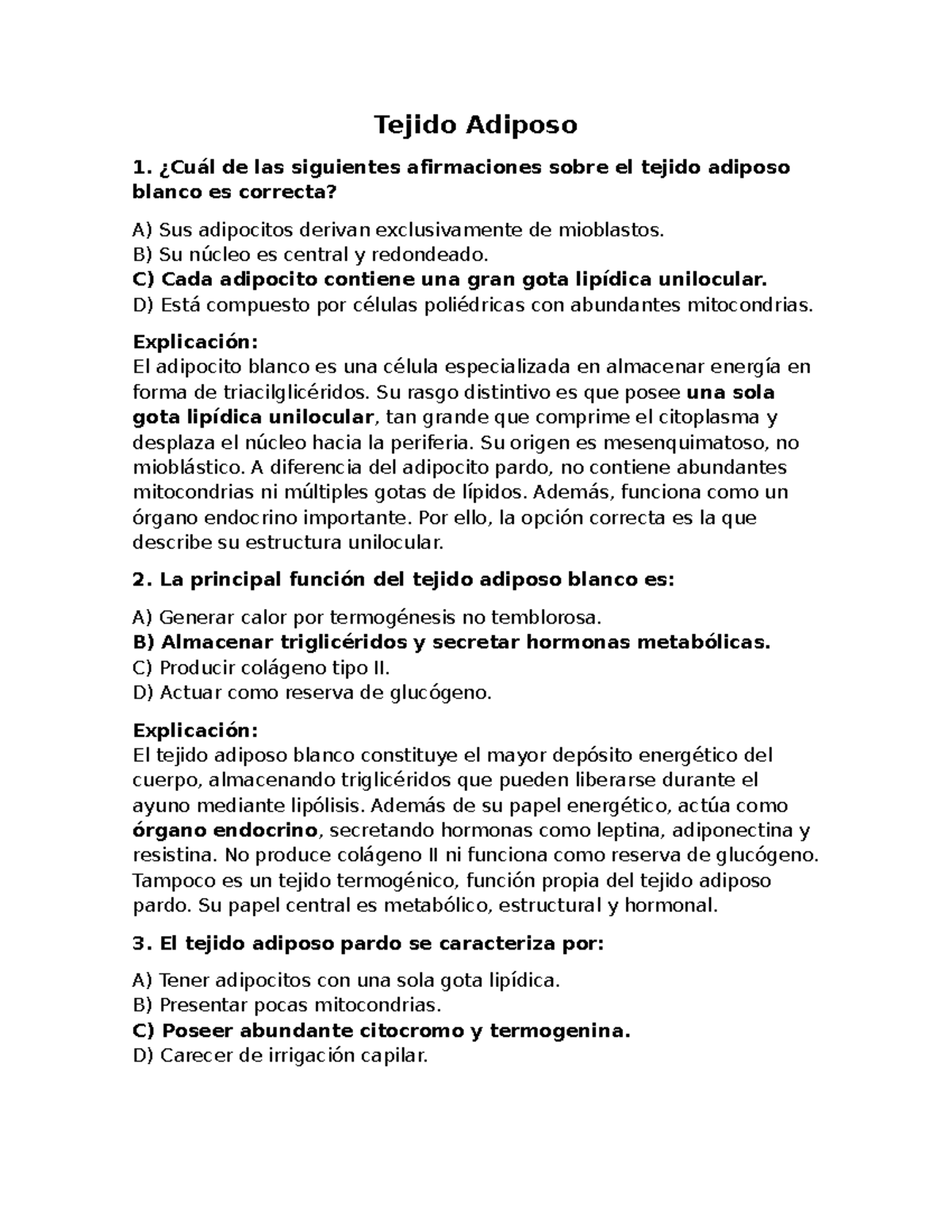Tejido Adiposo: Cuestionario y Explicaciones (Biología 101) - Studocu