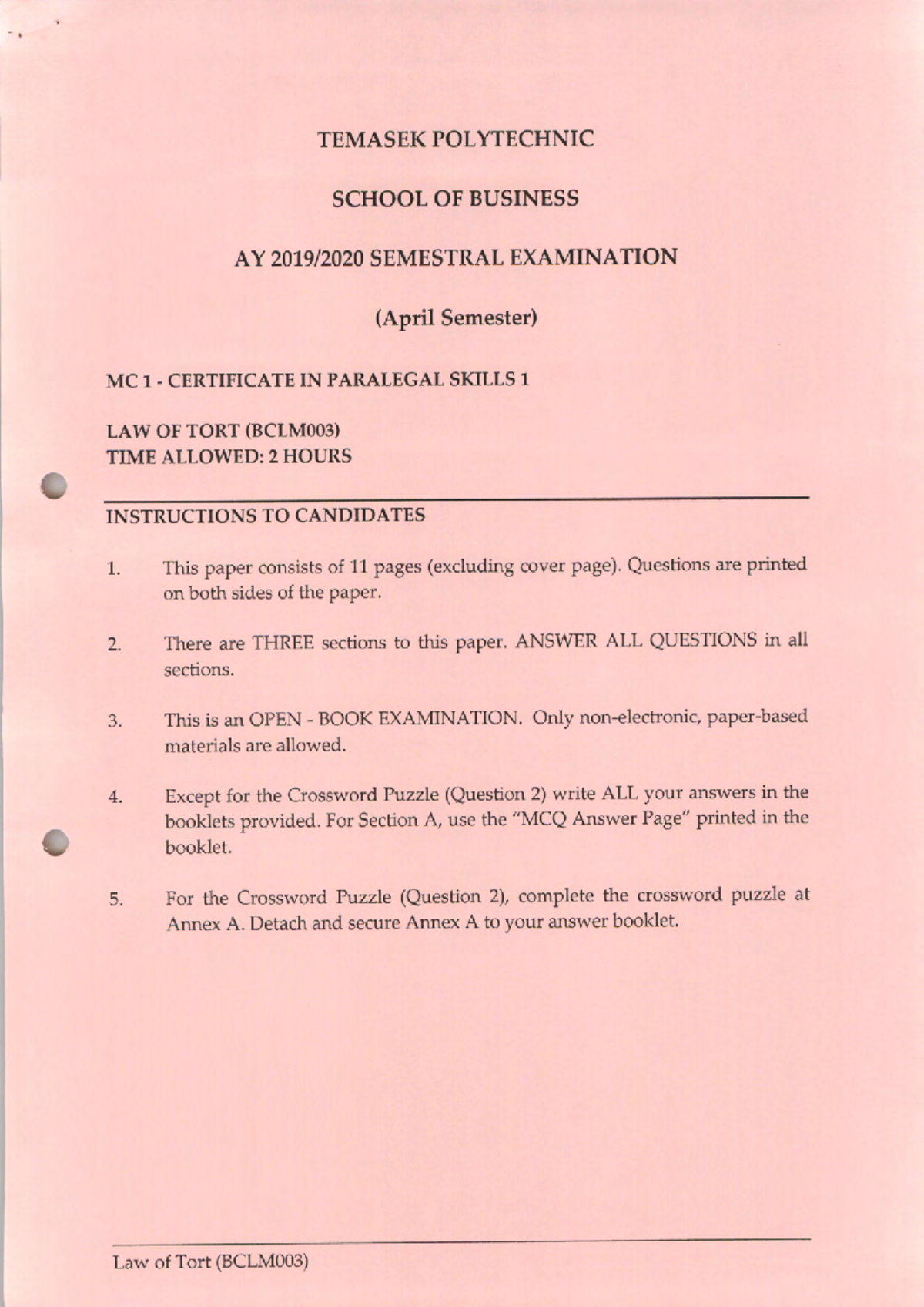 PT10 - Past Year Paper for Law of Tort (BCLM003) Final Exam - Studocu