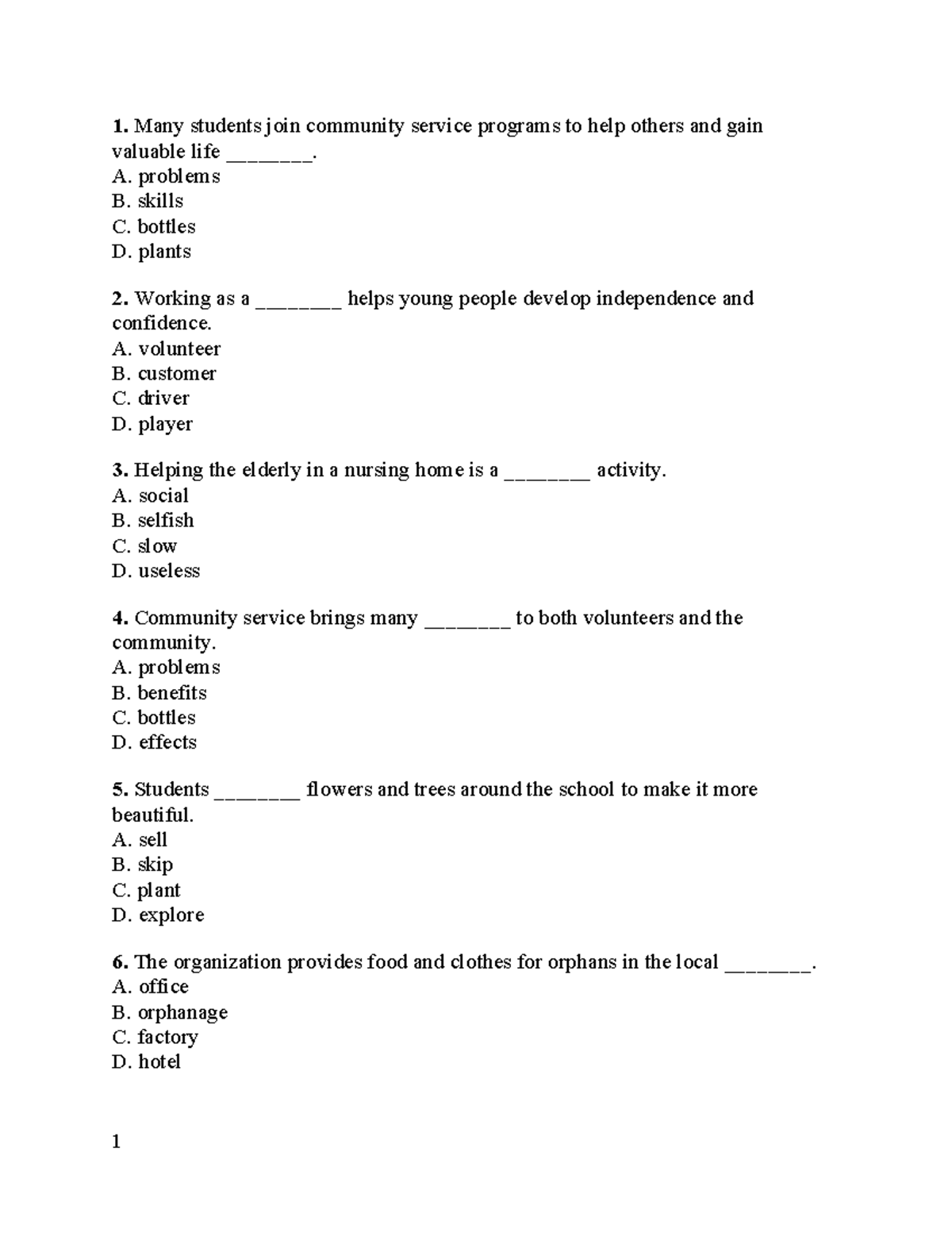 Community Service Quiz - Skills and Benefits (Course Code: BUỔI 11 ...