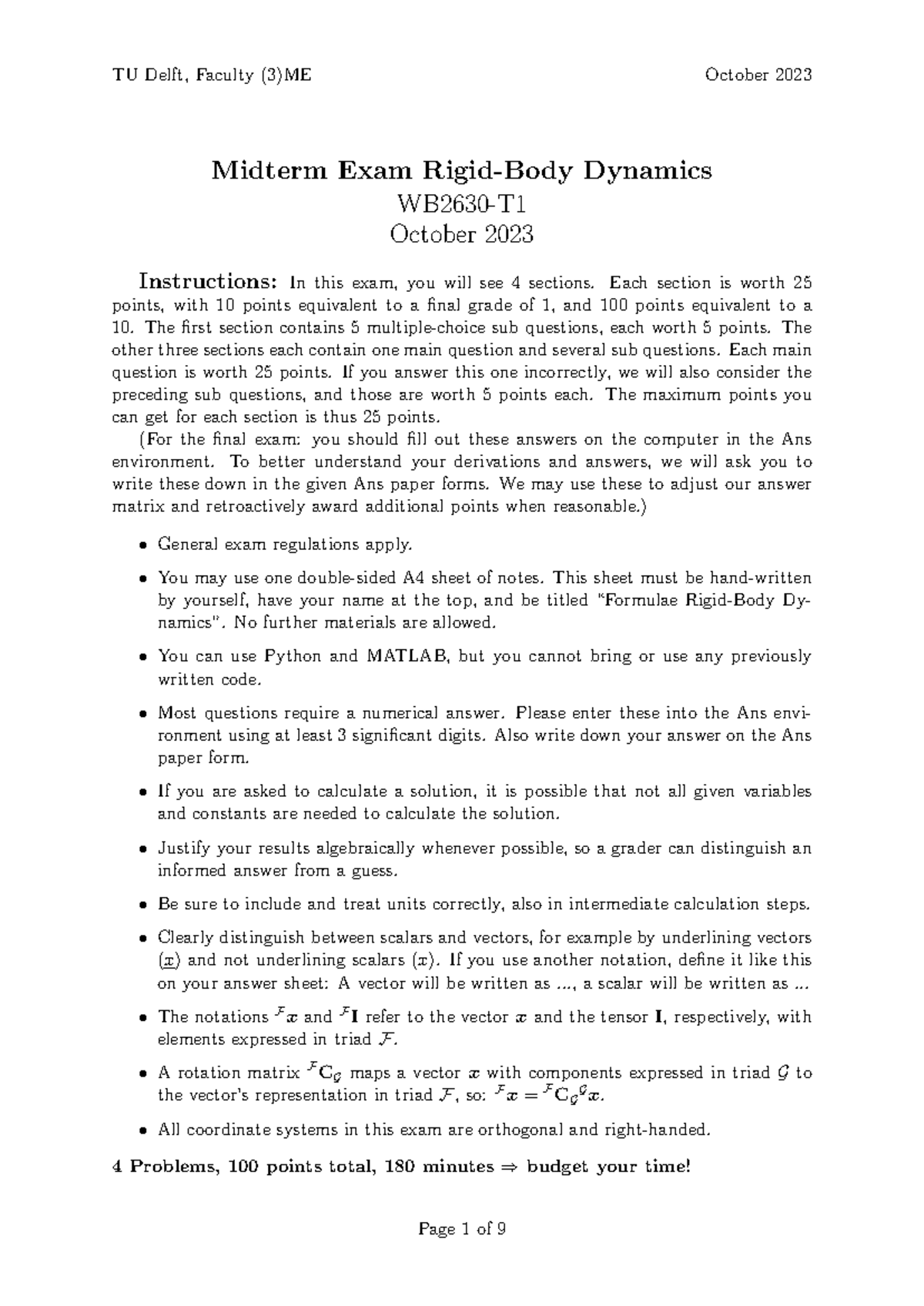 RBD WB2630-T Midterm Exam on Rigid-Body Dynamics - Oct 2023 - Studeersnel