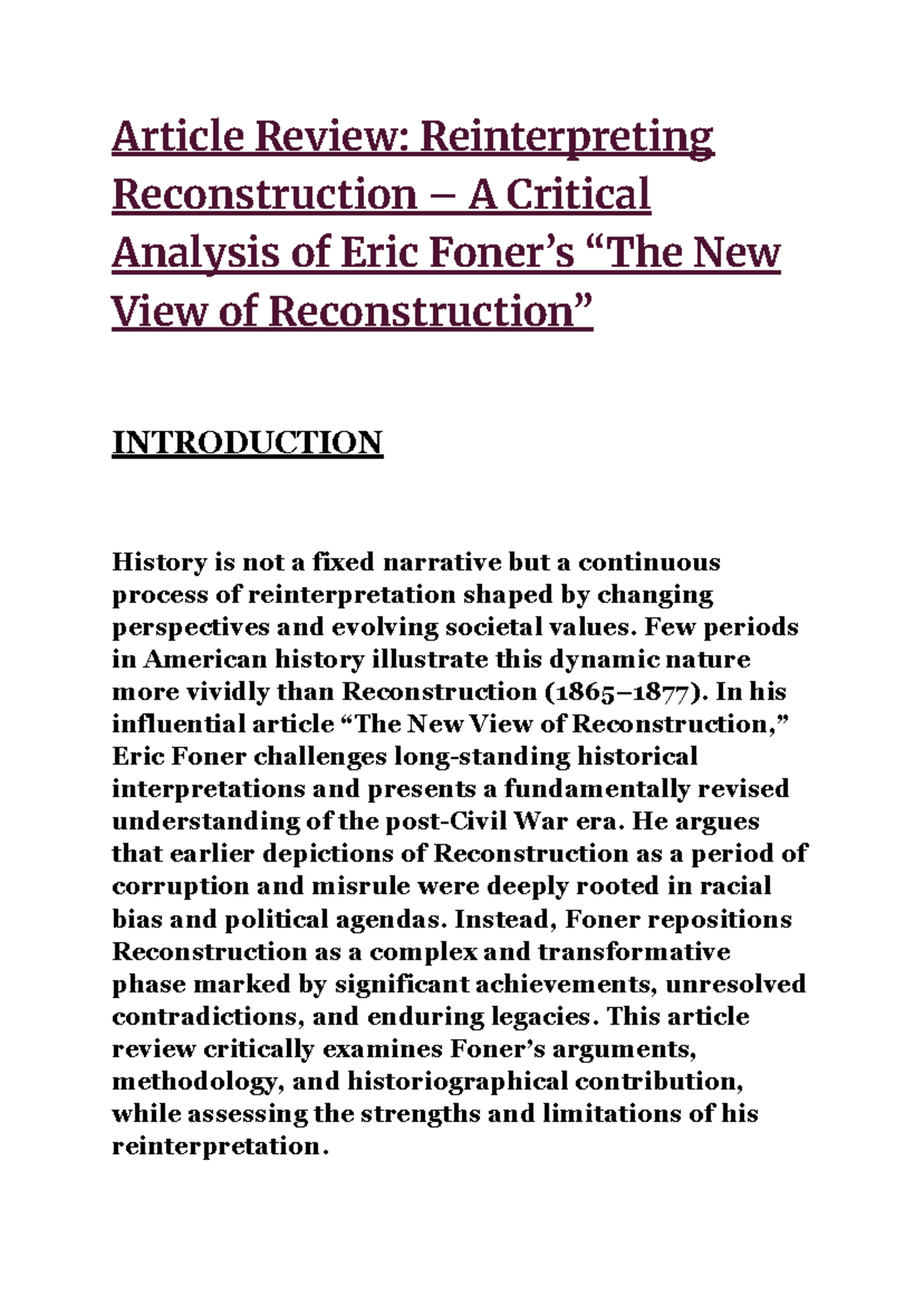 Critical Analysis of Eric Foner's 