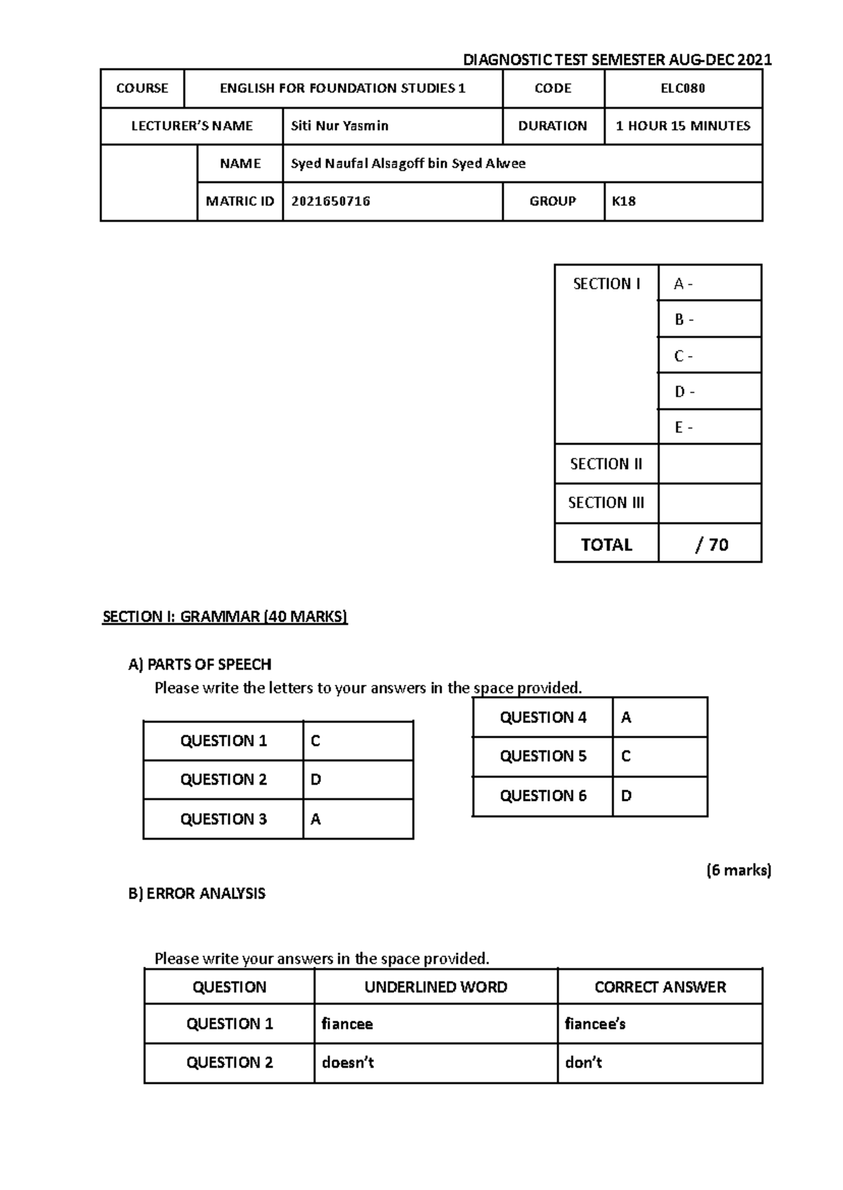 Diagnostic English Test - ELC 1 Answer Template (Aug-Dec 2021) - Studocu