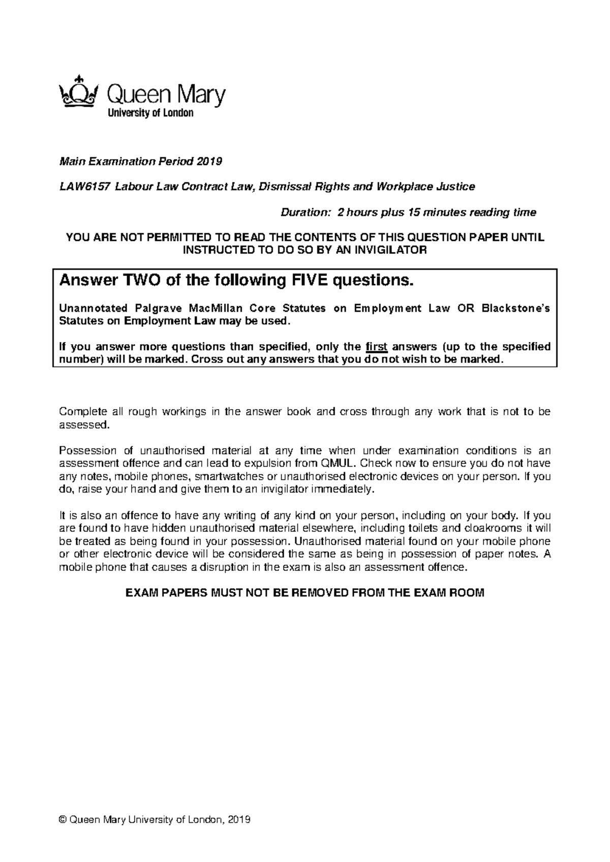 LAW6157 Labour Law Contract & Dismissal Rights Exam Paper 2019 - Studocu